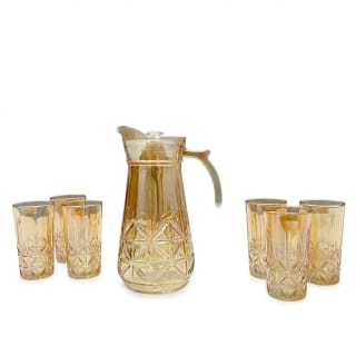 Gold-Toned Glass Water Jug and 6 Glasses Set