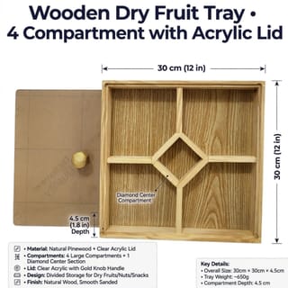 Premium Wooden Dry Fruit Tray 10x10 Inch- 5 Compartment with Clear Acrylic Lid  5
