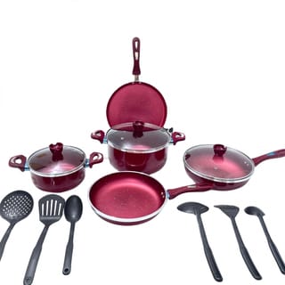 Maroon Non-Stick Cookware Set with Glass Lids 17 Piece 