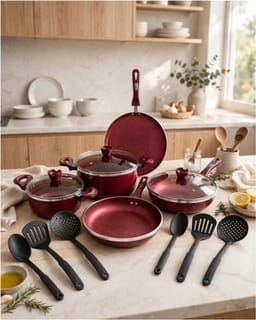 Maroon Non-Stick Cookware Set with Glass Lids 17 Piece  2