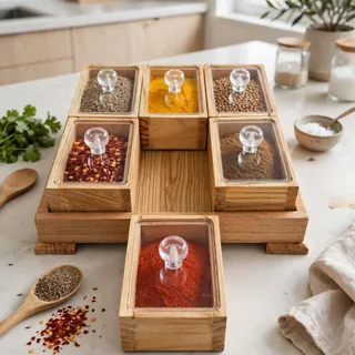 Wooden Six-Compartment Spice Box 2