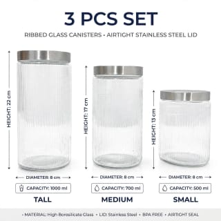 Set of 3 Ribbed Glass Storage Jars with Metal Lids 5